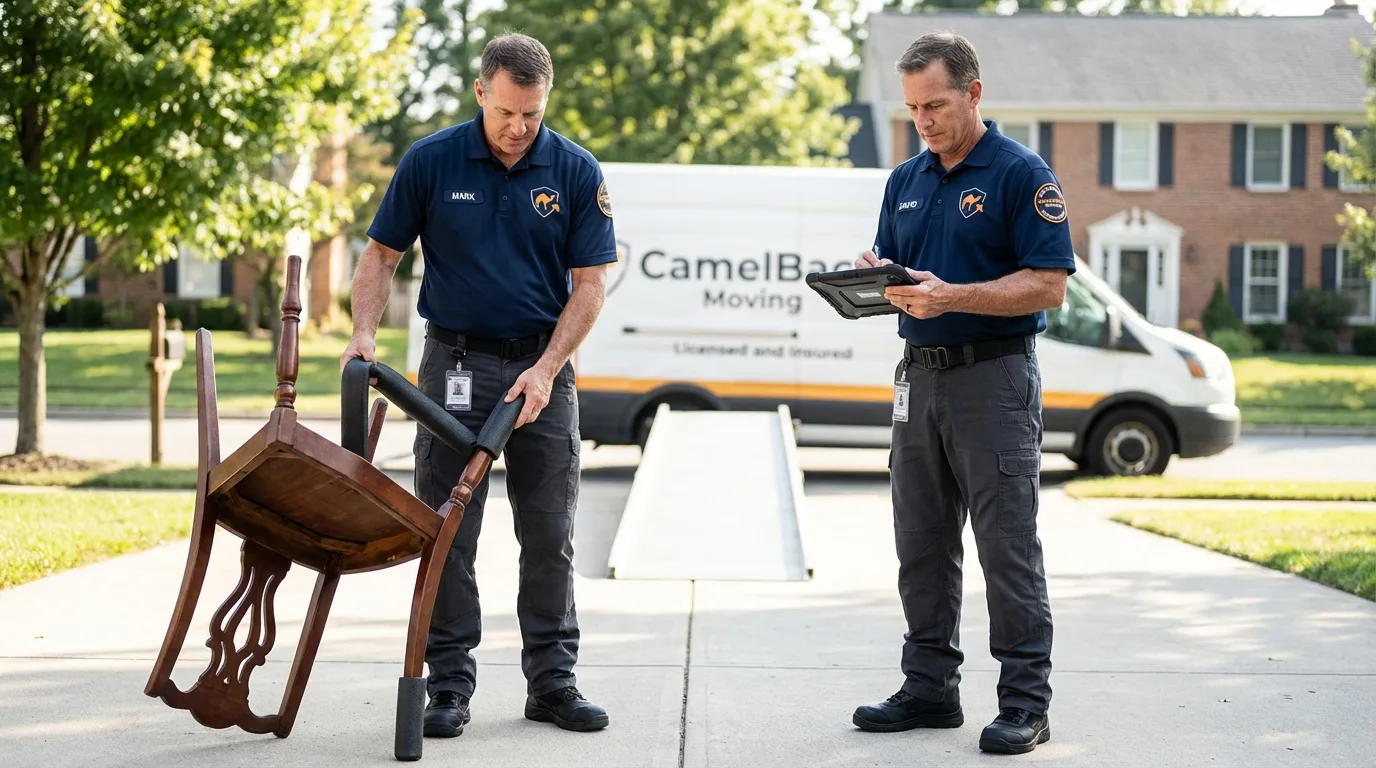 Movers inspecting furniture for damage prevention before loading in Wesley Chapel, FL
